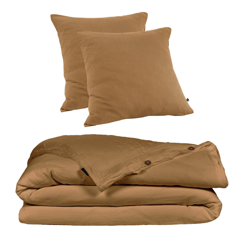 Parure de Lit 2 Taies 60x60 cm et Housse de Couette 240x260 cm en Double Gaze de Coton Camel - PEPA 4