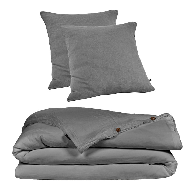 Parure de Lit 2 Taies 60x60 cm et Housse de Couette 240x260 cm en Double Gaze de Coton Gris - PEPA 4