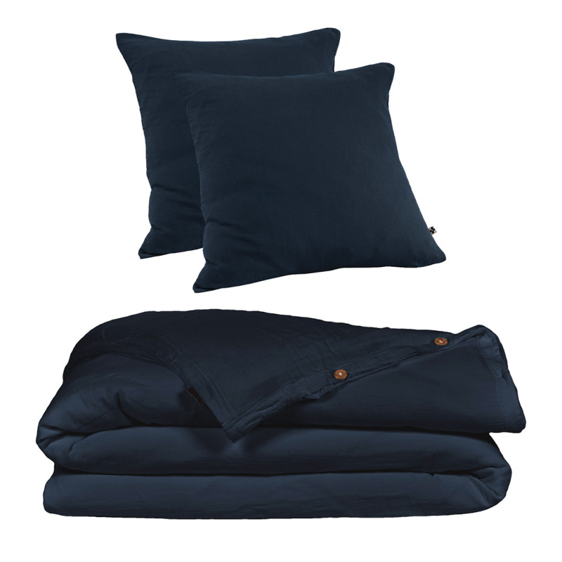 Parure de Lit 2 Taies 60x60 cm et Housse de Couette 240x260 cm en Double Gaze de Coton Bleu Nuit - PEPA 4