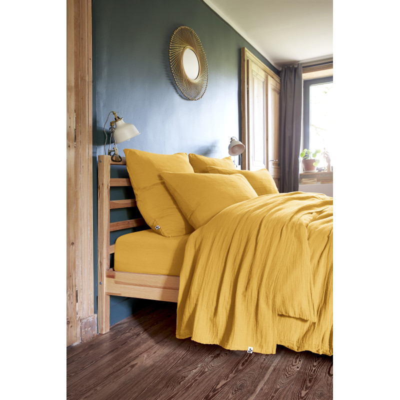 Parure de Lit 2 Taies 60x60 cm et Housse de Couette 240x260 cm en Double Gaze de Coton Jaune - PEPA 4