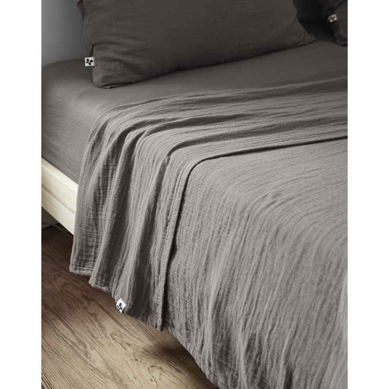 Drap Plat 240 x 300 cm en Double Gaze de Coton Gris avec Surpiqûre - PEPA