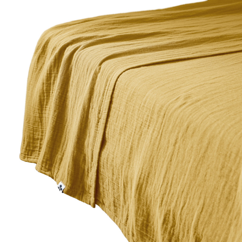 Drap Plat 240 x 300 cm en Double Gaze de Coton Jaune avec Surpiqûre - PEPA