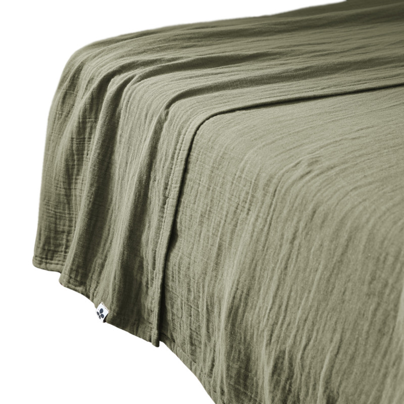 Drap Plat 240 x 300 cm en Double Gaze de Coton Vert avec Surpiqûre - PEPA