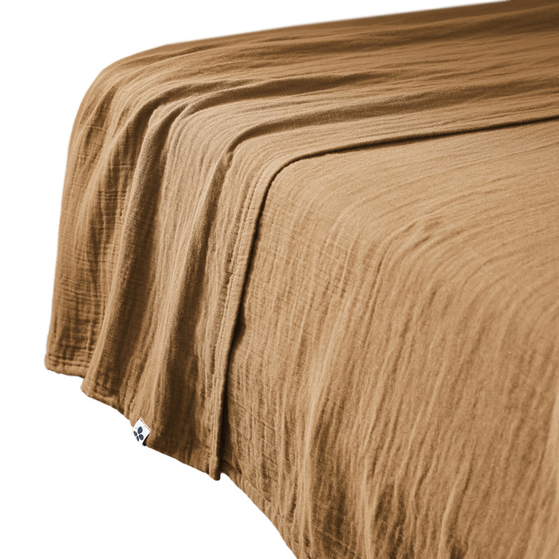 Drap Plat 240 x 300 cm en Double Gaze de Coton Camel avec Surpiqûre - PEPA