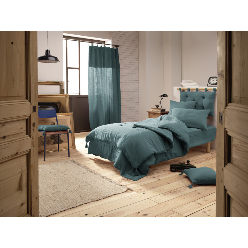 Drap Housse 90 x 190 cm en Double Gaze de Coton Bleu Canard Bonnet 30 cm - PEPA 1