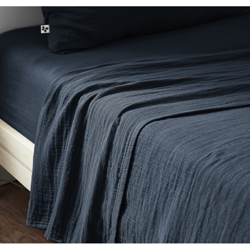 Drap Housse 90 x 190 cm en Double Gaze de Coton Bleu Nuit Bonnet 30 cm - PEPA 1