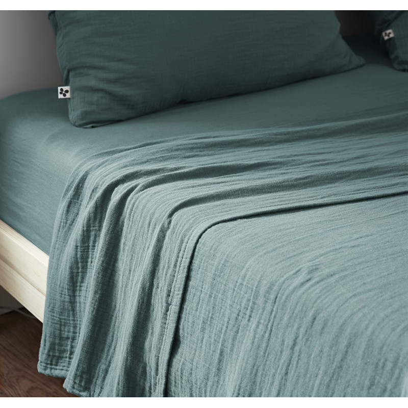 Drap Housse 140 x 190 cm en Double Gaze de Coton Bleu Canard avec Hauteur de Bonnet 30 cm - PEPA 2