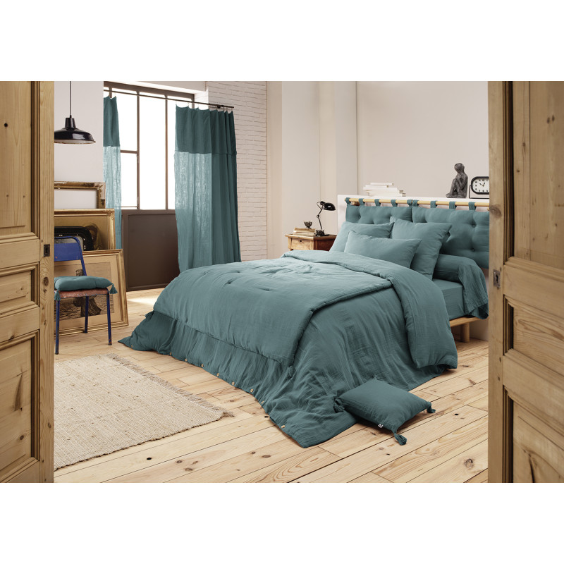 Drap Housse 140 x 190 cm en Double Gaze de Coton Bleu Canard avec Hauteur de Bonnet 30 cm - PEPA 2