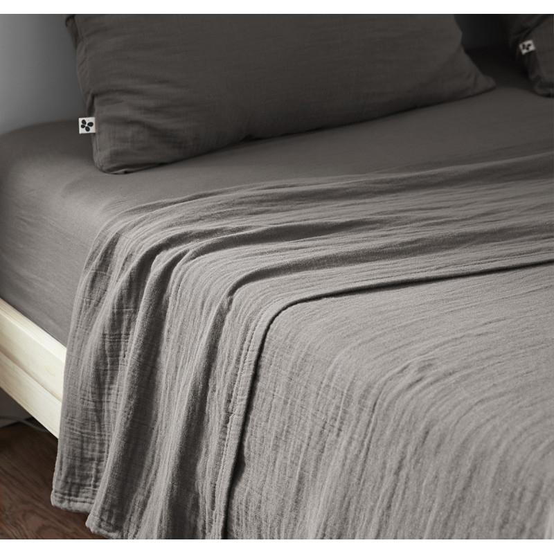 Drap Housse 160 x 200 cm en Double Gaze de Coton Gris avec Hauteur de Bonnet 30 cm - PEPA 3