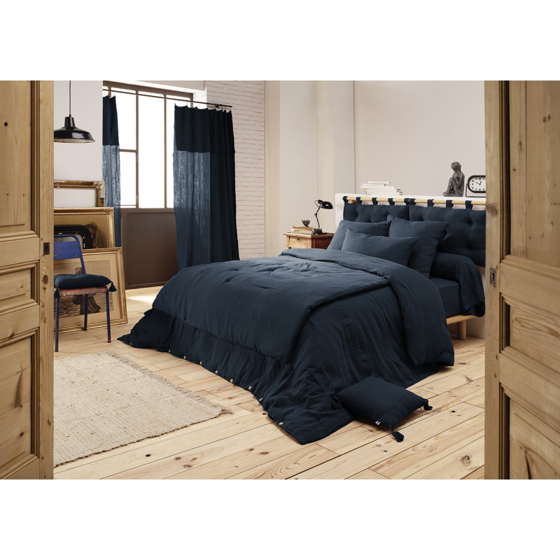 Drap Housse 160 x 200 cm en Double Gaze de Coton Bleu Nuit avec Hauteur de Bonnet 30 cm - PEPA 3