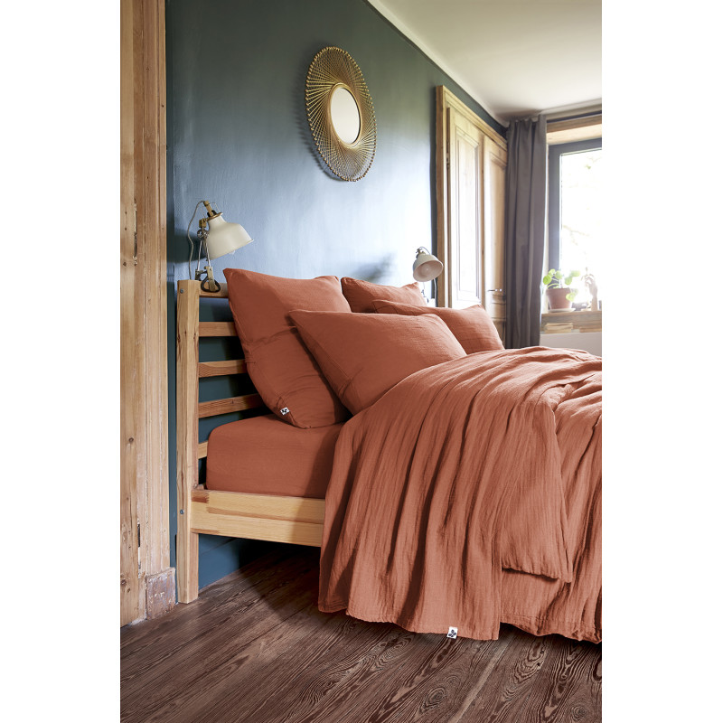 Drap Housse 160 x 200 cm en Double Gaze de Coton Terracotta avec Hauteur de Bonnet 30 cm - PEPA 3