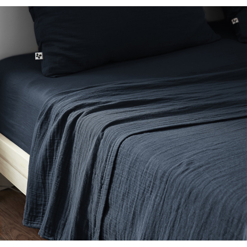 Drap Housse 180 x 200 cm en Double Gaze de Coton Bleu Nuit avec Hauteur de Bonnet 30 cm - PEPA 4