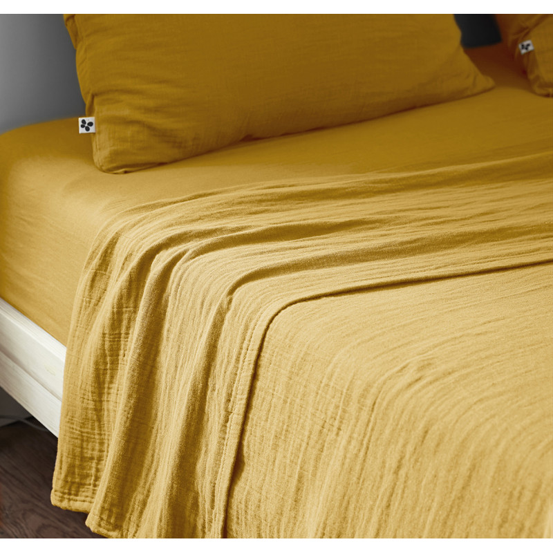 Drap Housse 180 x 200 cm en Double Gaze de Coton Jaune avec Hauteur de Bonnet 30 cm - PEPA 4