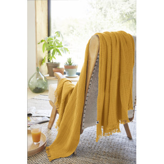 Plaid Rectangulaire 130 x 160 cm en Quadruple Gaze de Coton Jaune avec Franges - PEPA 1