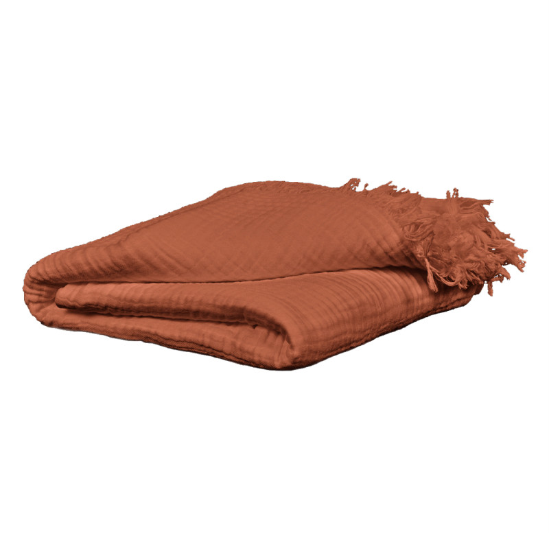 Plaid Rectangulaire 130 x 160 cm en Quadruple Gaze de Coton Terracotta avec Franges - PEPA 1