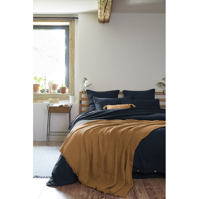 Plaid Rectangulaire 130 x 160 cm en Quadruple Gaze de Coton Camel avec Franges - PEPA 1
