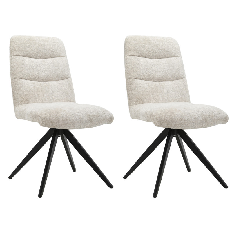 Lot de 2 chaises pivotantes 360° matelassées et rembourrées en tissu doux écru et pied croix en métal noir - JULIE