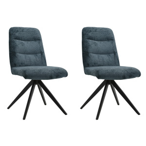 Lot de 2 chaises pivotantes 360° matelassées et rembourrées en tissu doux bleu foncé et pied croix en métal noir - JULIE