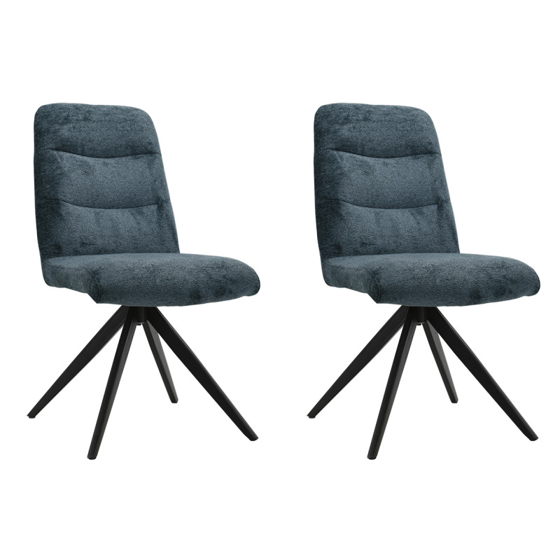 Lot de 2 chaises pivotantes 360° matelassées et rembourrées en tissu doux bleu foncé et pied croix en métal noir - JULIE