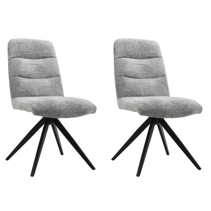 Lot de 2 chaises pivotantes 360° matelassées et rembourrées en tissu doux gris et pied croix en métal noir - JULIE