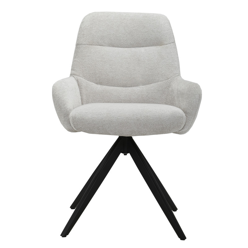 Chaise fauteuil pivotant 360° avec accoudoirs en tissu doux écru et pied croix en métal noir - EVA