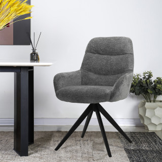 Chaise fauteuil pivotant 360° avec accoudoirs en tissu doux gris foncé et pied croix en métal noir - EVA