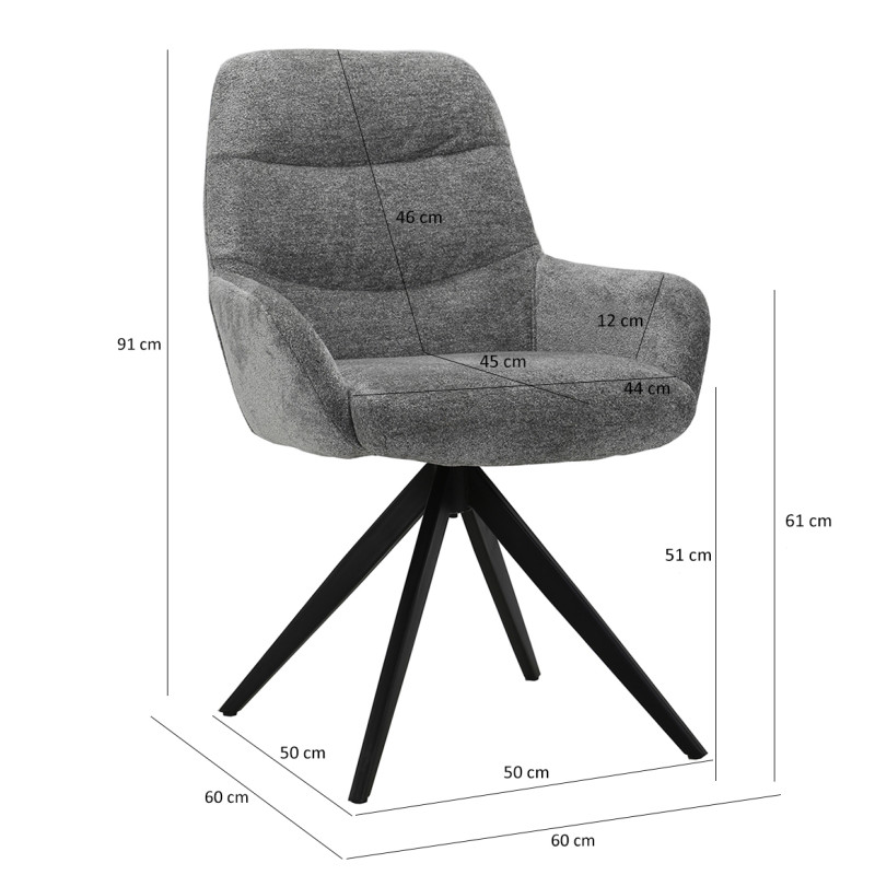 Chaise fauteuil pivotant 360° avec accoudoirs en tissu doux gris foncé et pied croix en métal noir - EVA