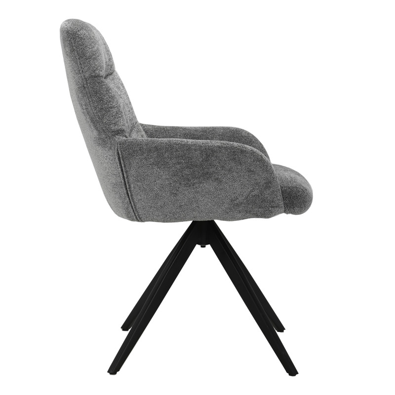 Chaise fauteuil pivotant 360° avec accoudoirs en tissu doux gris foncé et pied croix en métal noir - EVA