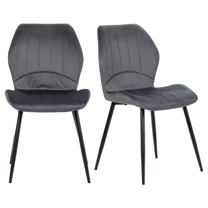 Lot de 2 Chaises Capitonnées et Rembourrées en Velours Gris avec Pieds en Métal Noir - EMILIO