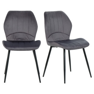 Lot de 2 Chaises Capitonnées et Rembourrées en Velours Gris avec Pieds en Métal Noir - EMILIO