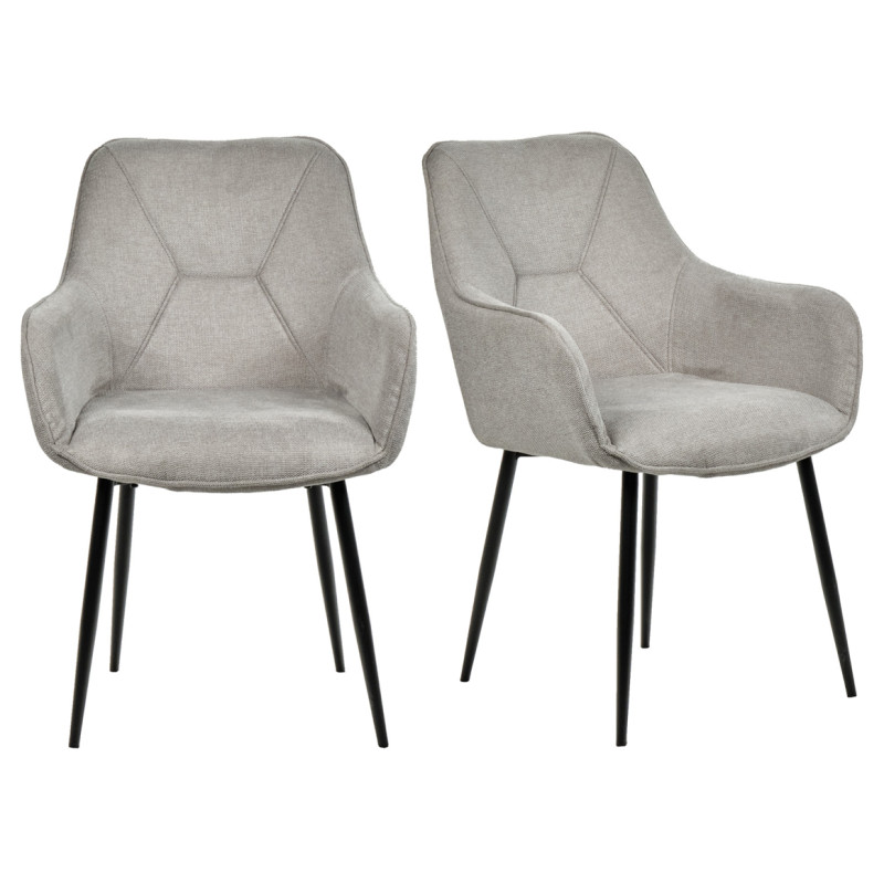 Lot de 2 Chaises Capitonnées avec Accoudoirs en Tissu Gris Clair avec Pieds en Métal Noir - THEO