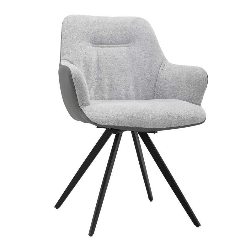 Chaise fauteuil pivotant 180° avec accoudoirs en tissu doux gris pied croix en métal noir - CORINE