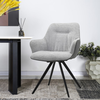Chaise fauteuil pivotant 180° avec accoudoirs en tissu doux gris pied croix en métal noir - CORINE