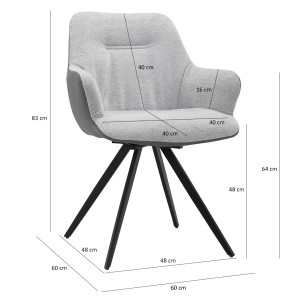 Chaise fauteuil pivotant 180° avec accoudoirs en tissu doux gris pied croix en métal noir - CORINE