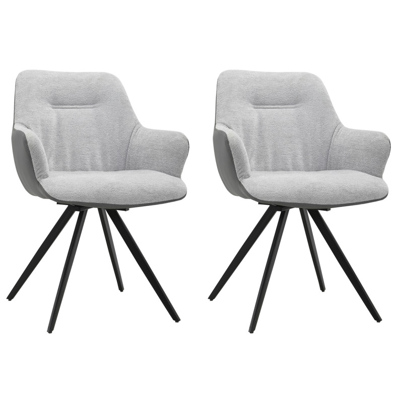 Lot de 2 chaises fauteuils pivotants 180° avec accoudoirs en tissu doux gris pied croix en métal noir - CORINE