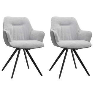 Lot de 2 chaises fauteuils pivotants 180° avec accoudoirs en tissu doux gris pied croix en métal noir - CORINE