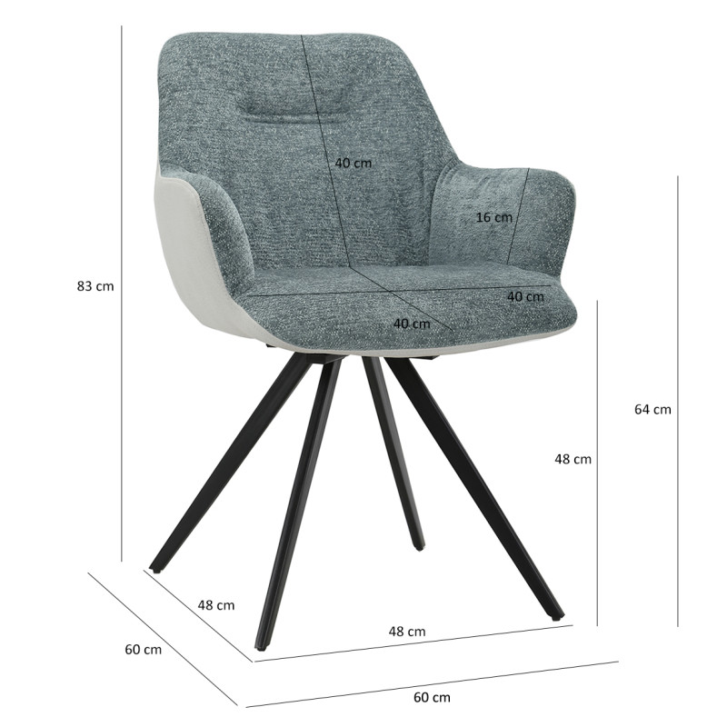 Chaise fauteuil pivotant 180° avec accoudoirs en tissu doux vert de gris pied croix en métal noir - CORINE