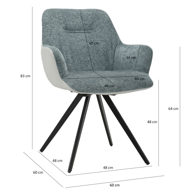 Lot de 2 chaises fauteuils pivotants 180° avec accoudoirs en tissu doux vert de gris pied croix en métal noir - CORINE