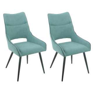 Lot de 2 chaises en lin bleu lagon avec passepoil en simili noir et 4 pieds en métal noir - ANAIS 2