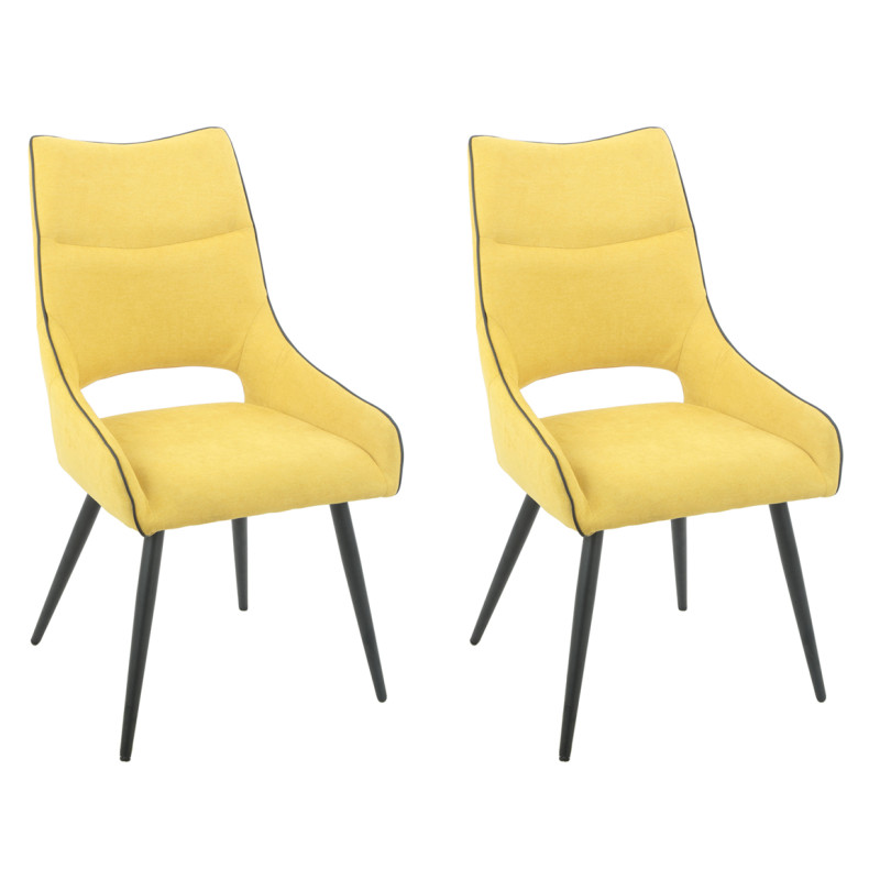 Lot de 2 chaises en lin jaune avec passepoil en simili noir et 4 pieds en métal noir - ANAIS 2