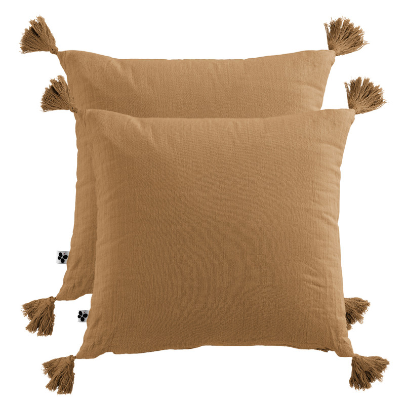 Lot de 2 Coussins Carrés 40 x 40 cm en Double Gaze de Coton Camel avec 4 Pompons - PEPA