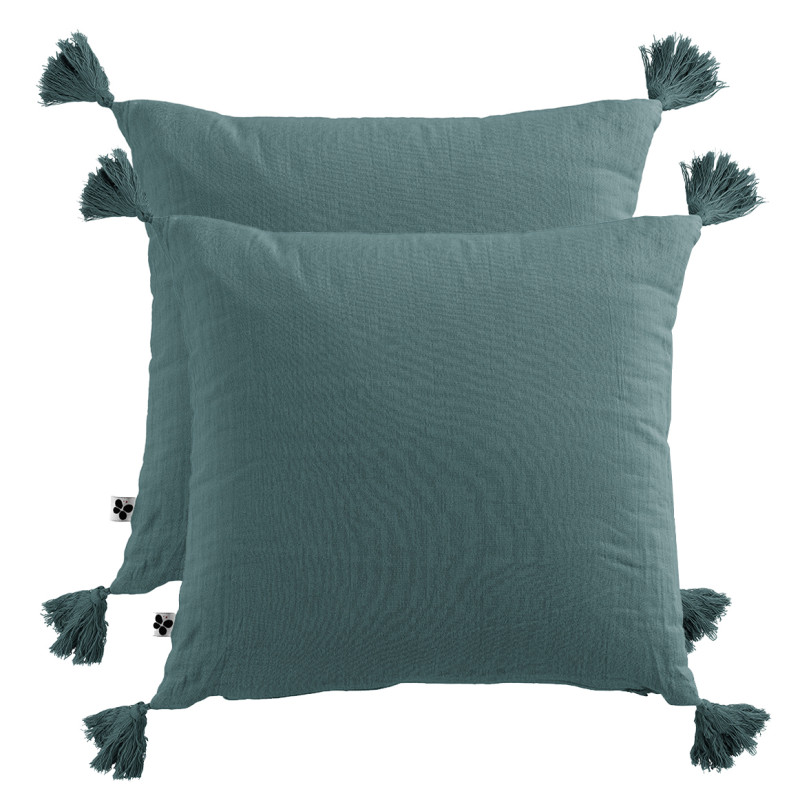 Lot de 2 Coussins Carrés 40 x 40 cm en Double Gaze de Coton Bleu Canard avec 4 Pompons - PEPA