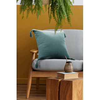 Lot de 2 Coussins Carrés 40 x 40 cm en Double Gaze de Coton Bleu Canard avec 4 Pompons - PEPA