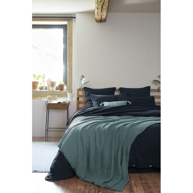 Lot de 2 Coussins Carrés 40 x 40 cm en Double Gaze de Coton Bleu Canard avec 4 Pompons - PEPA