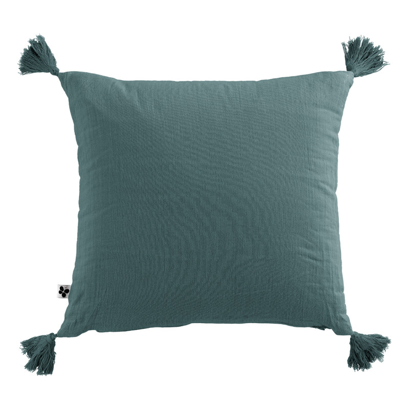 Lot de 2 Coussins Carrés 40 x 40 cm en Double Gaze de Coton Bleu Canard avec 4 Pompons - PEPA