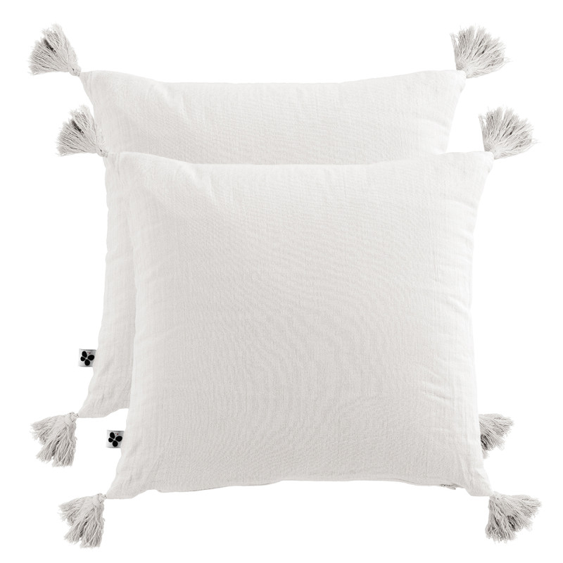 Lot de 2 Coussins Carrés 40 x 40 cm en Double Gaze de Coton Blanc avec 4 Pompons - PEPA