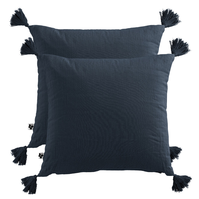 Lot de 2 Coussins Carrés 40 x 40 cm en Double Gaze de Coton Bleu Nuit avec 4 Pompons - PEPA