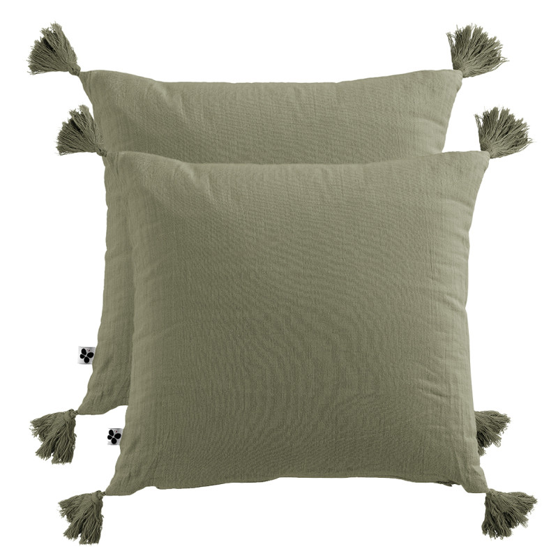 Lot de 2 Coussins Carrés 40 x 40 cm en Double Gaze de Coton Vert avec 4 Pompons - PEPA