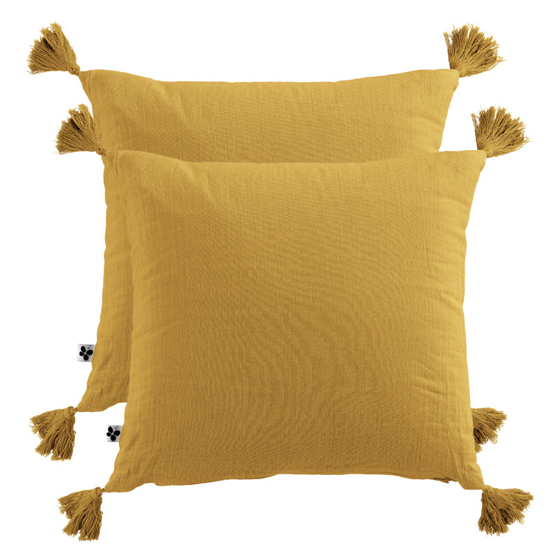 Lot de 2 Coussins Carrés 40 x 40 cm en Double Gaze de Coton Jaune avec 4 Pompons - PEPA