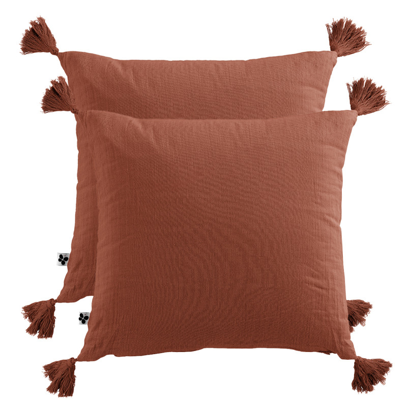 Lot de 2 Coussins Carrés 40 x 40 cm en Double Gaze de Coton Terracotta avec 4 Pompons - PEPA